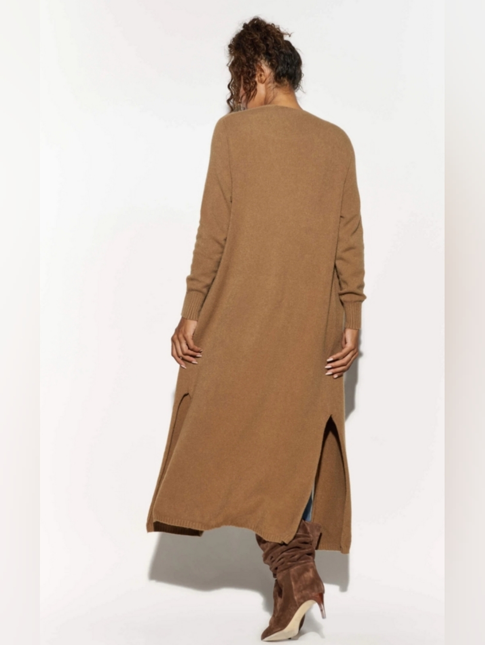 Apparis Long Camel Open Cardigan Vegan Cashmere Duster Slit Sides - Picture 2 of 11